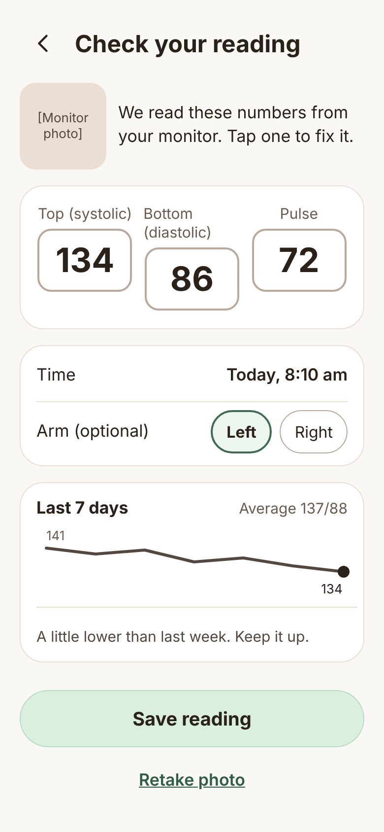 Blood pressure reading of 134 over 86 read from a monitor photo, with a 7-day trend