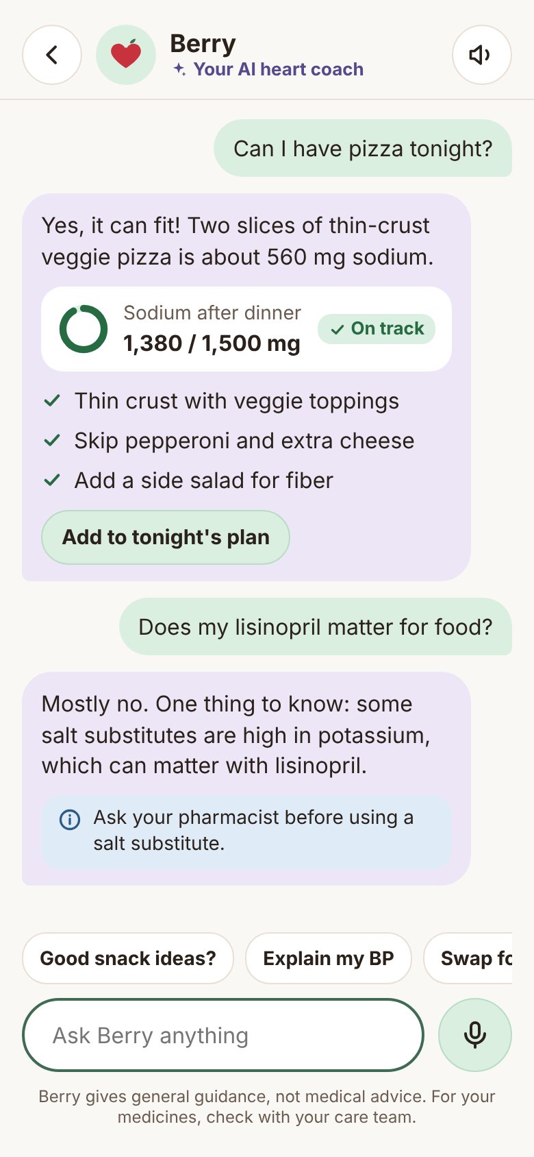 Berry, the AI coach, answering whether pizza fits tonight
