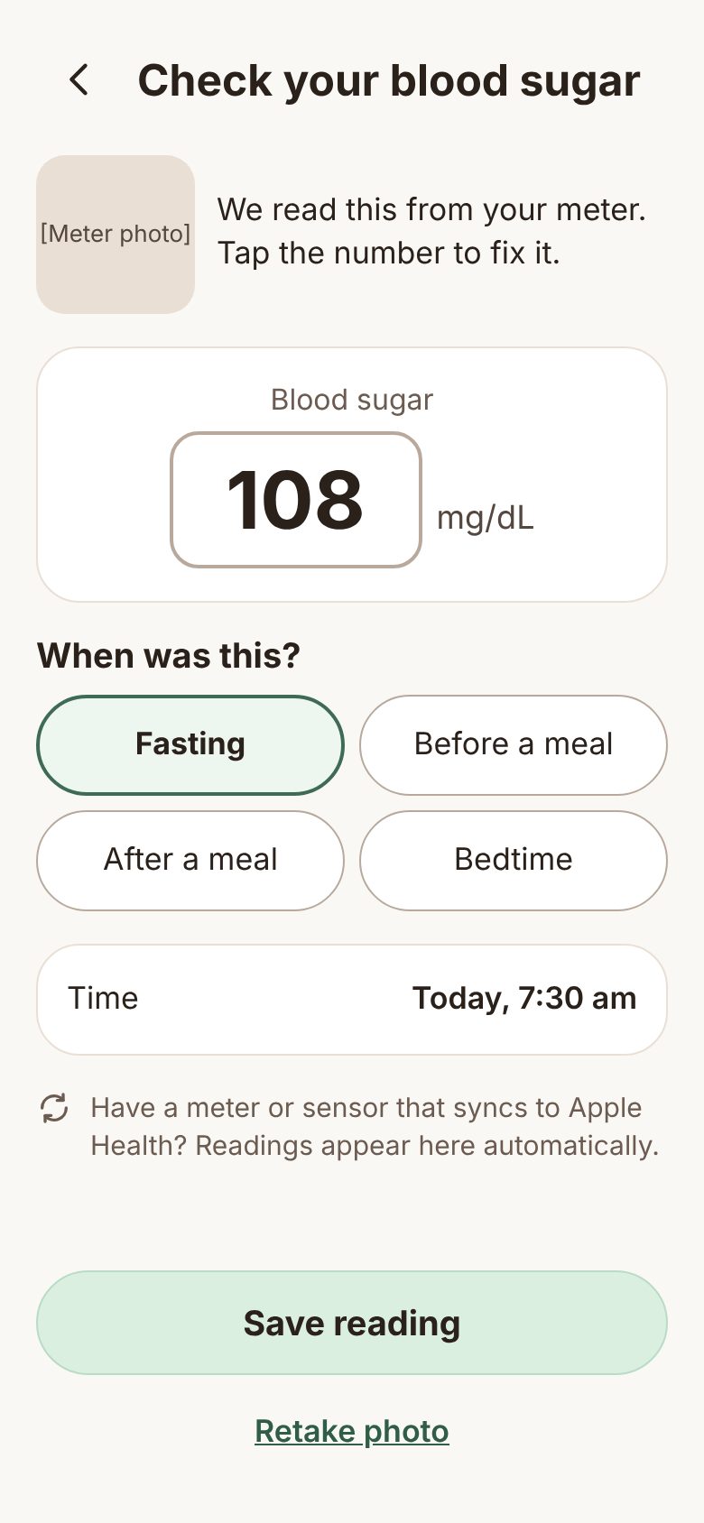 Blood sugar reading of 108 read from a meter photo, marked as fasting
