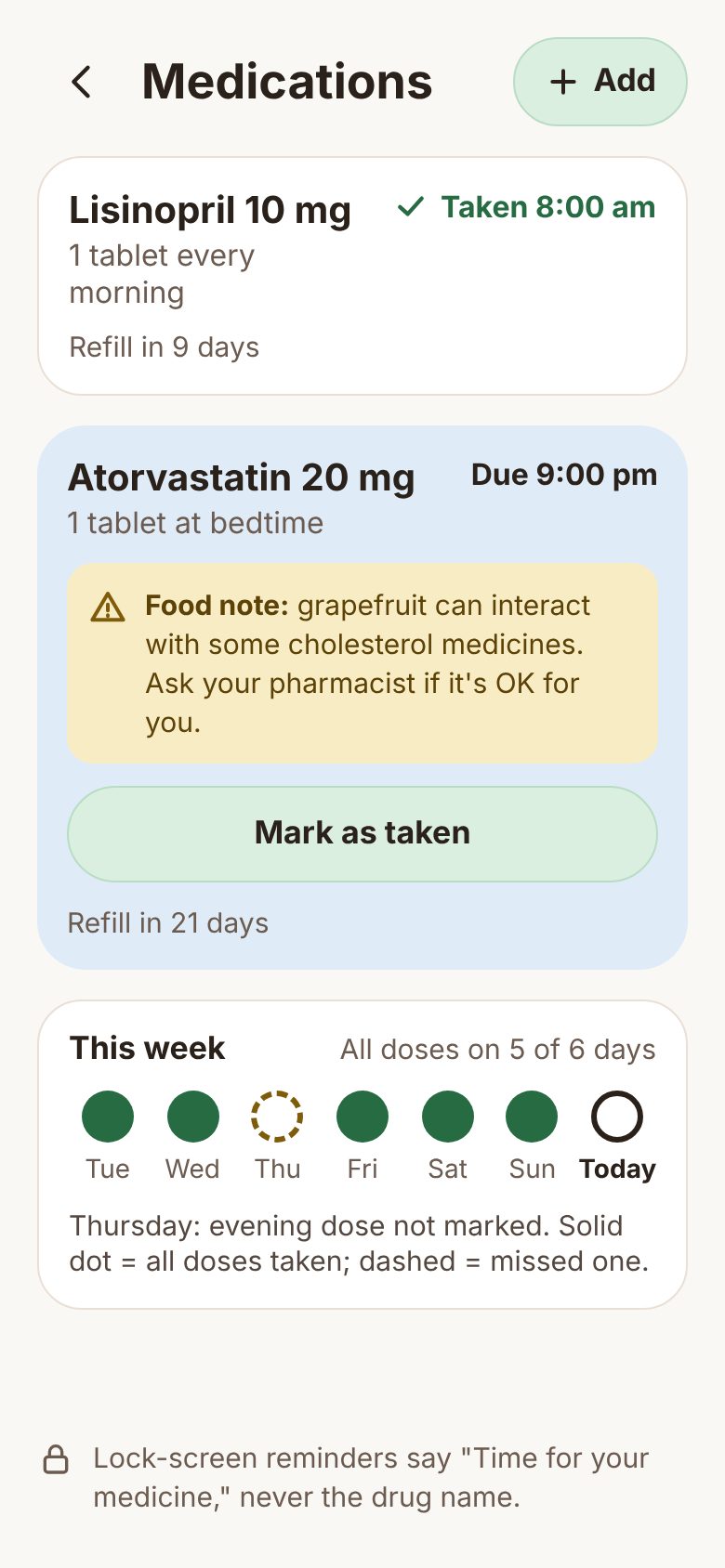 Medicines list with doses taken this week and a grapefruit food note