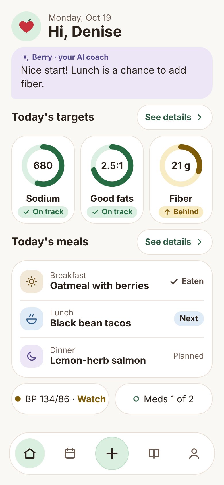 HeartBite Today screen: a note from Berry, sodium and good fats on track, fiber behind, and today's meals