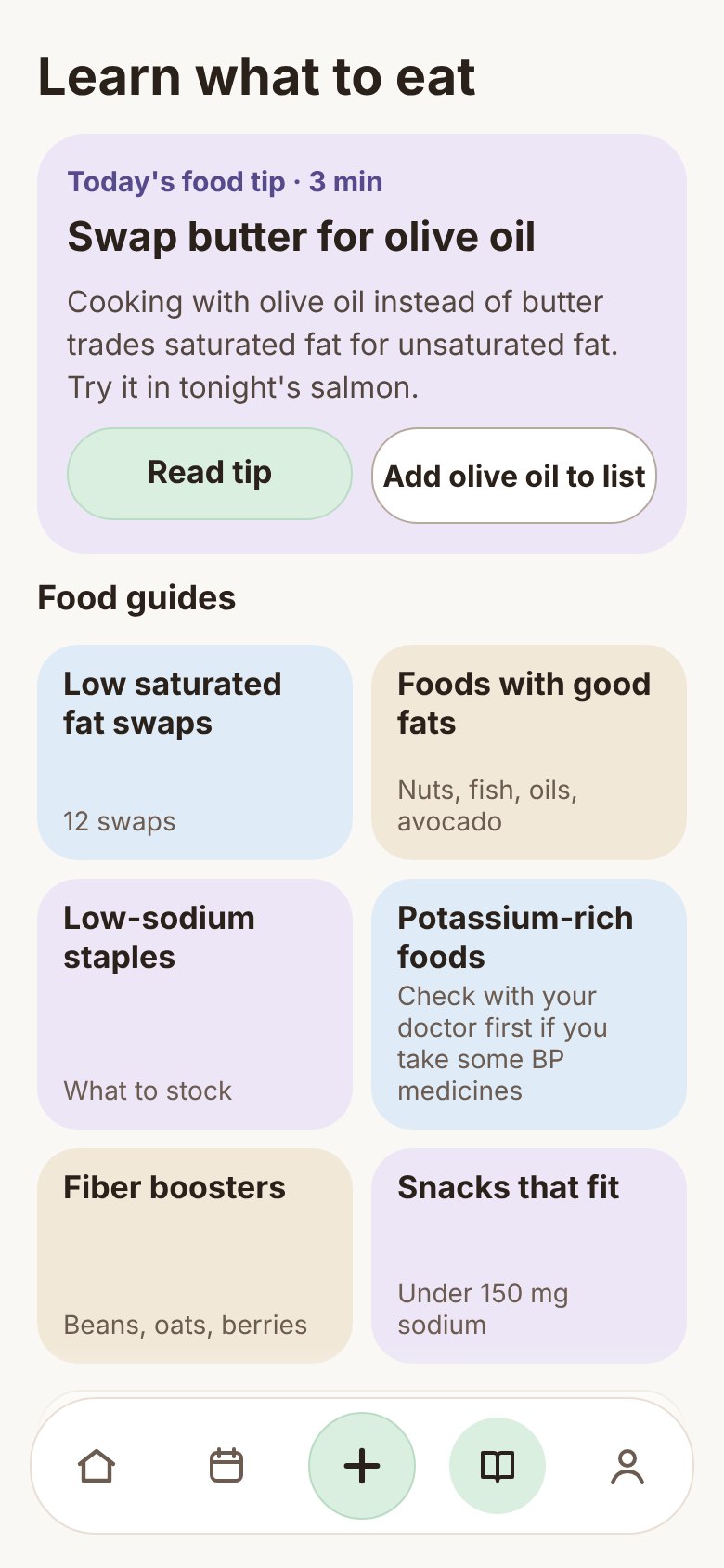 Learn screen with today's food tip and food guides
